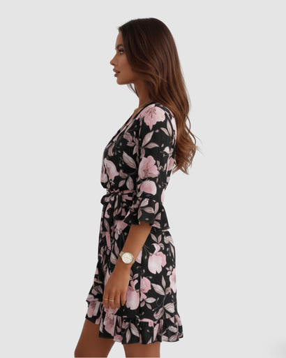 Robe Courte Portefeuille à Imprimé Floral et Manches Volantées