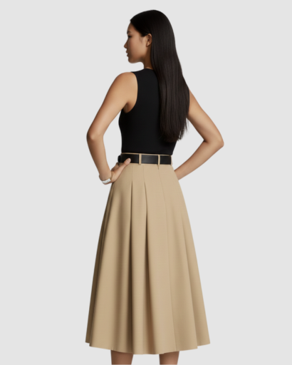 Robe mi-longue bicolore sans manches à jupe plissée évasée et ceinture à boucle dorée