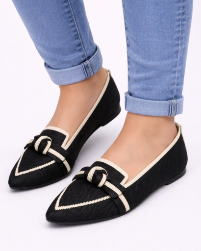 Ballerines Femme Bout Pointu Style Loafer avec Nœud Décoratif et Finition Texturée