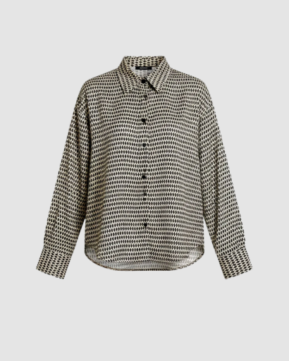 Chemise femme coupe classique à motif géométrique avec col structuré et boutons frontaux
