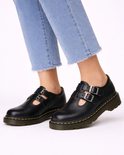 Chaussures Femme Style Mary Jane à Double Boucle avec Semelle Crantée et Perforations Décoratives