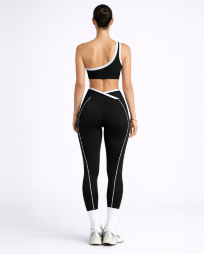 Ensemble sport 2 pièces asymétrique – brassière 1 épaule et legging taille croisée à piping contrasté