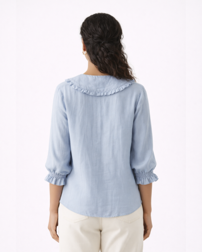 Chemisier femme col rond à volants boutonné