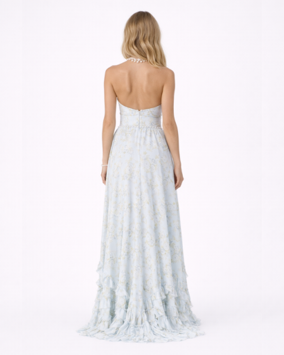 Robe longue halter fendue à volants imprimée