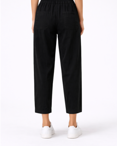 Pantalon Femme Coupe Droite Taille Élastique avec Poches Plaquées