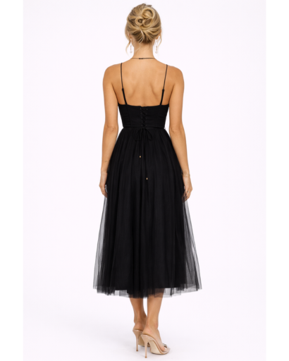 Robe Midi en Tulle à Bretelles Fines avec Décolleté Cœur
