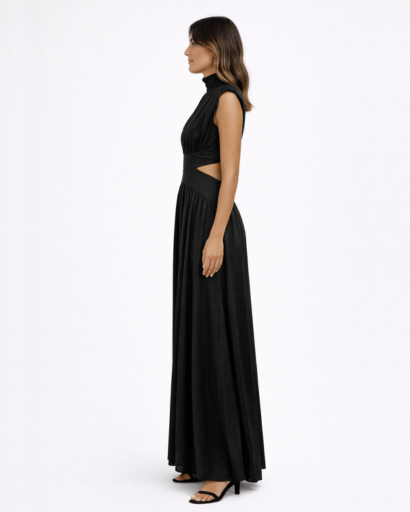 Robe longue fluide à découpes taille col montant sans manches