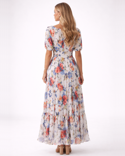 Robe longue femme fluide – Élégance romantique col V imprimé fleuri | Robe maxi fleurie