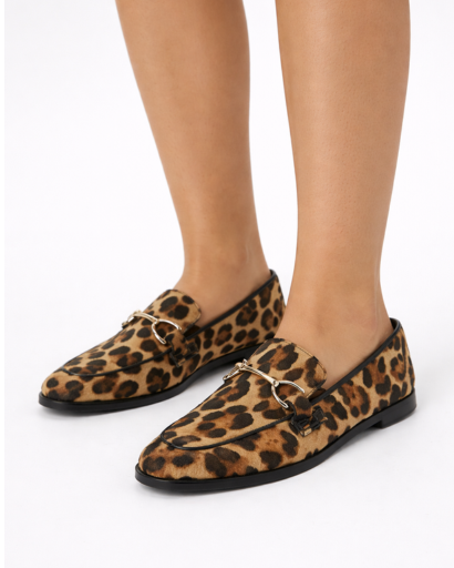 Mocassins Femme Imprimé Léopard à Bout Rond avec Ornement Métallique Style Équestre
