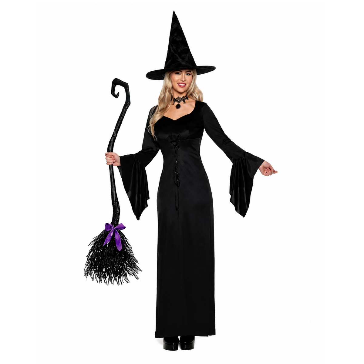 Costume de sorcière femme robe noire à lacets avec chapeau pointu, détail