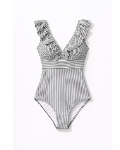 Maillot de bain une pièce femme à rayures avec volants et décolleté en V coupe structurée
