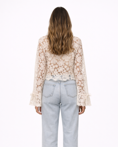 Blouse femme en dentelle florale avec boutons frontaux et manches évasées à liens coupe courte élégante