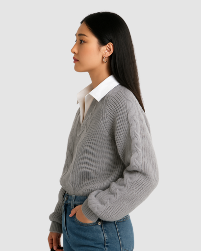 Pull Femme Tricot Côtelé à Col V – Motif Câble Élégant