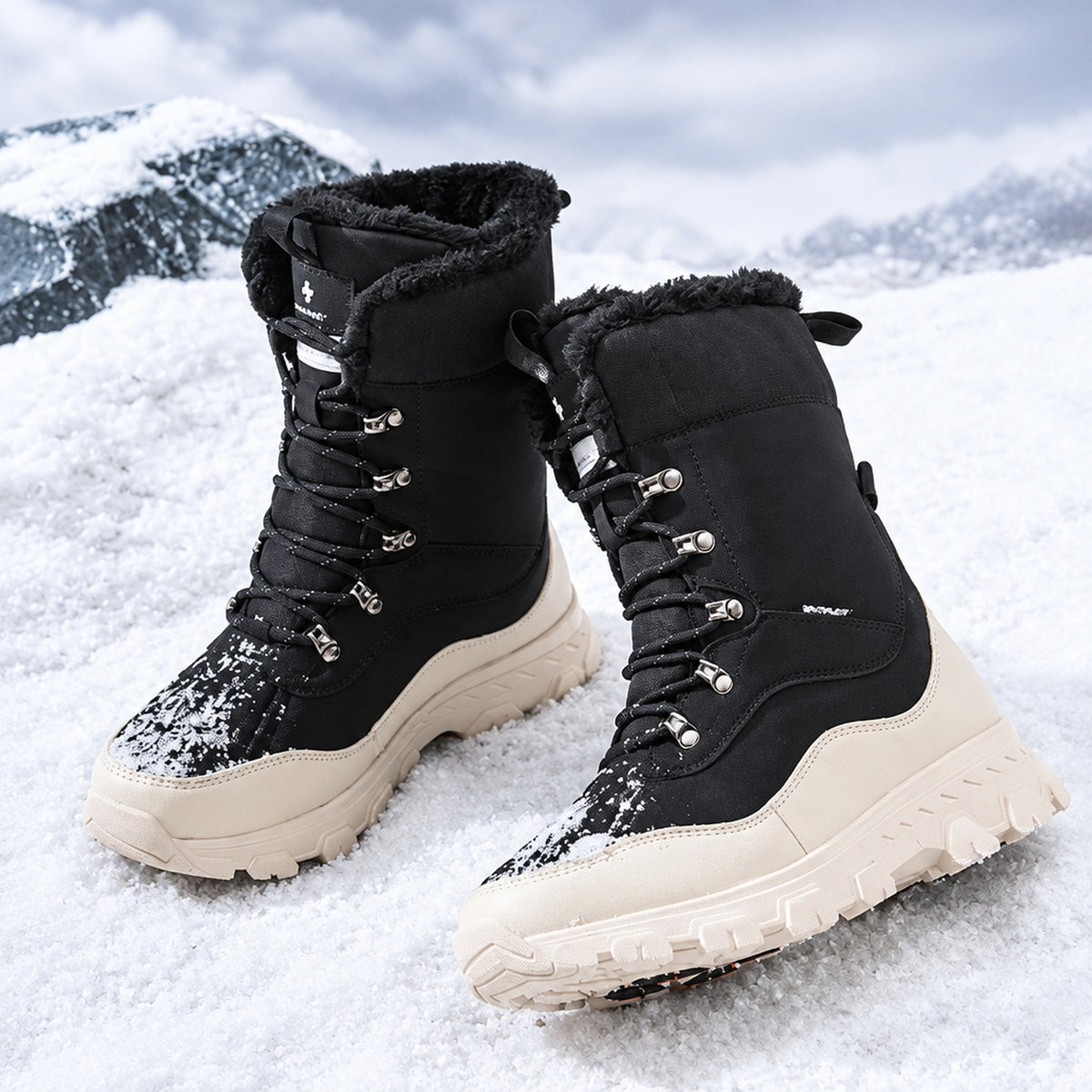 Bottes de randonnée hautes en cuir imperméable, coloris noir et blanc
