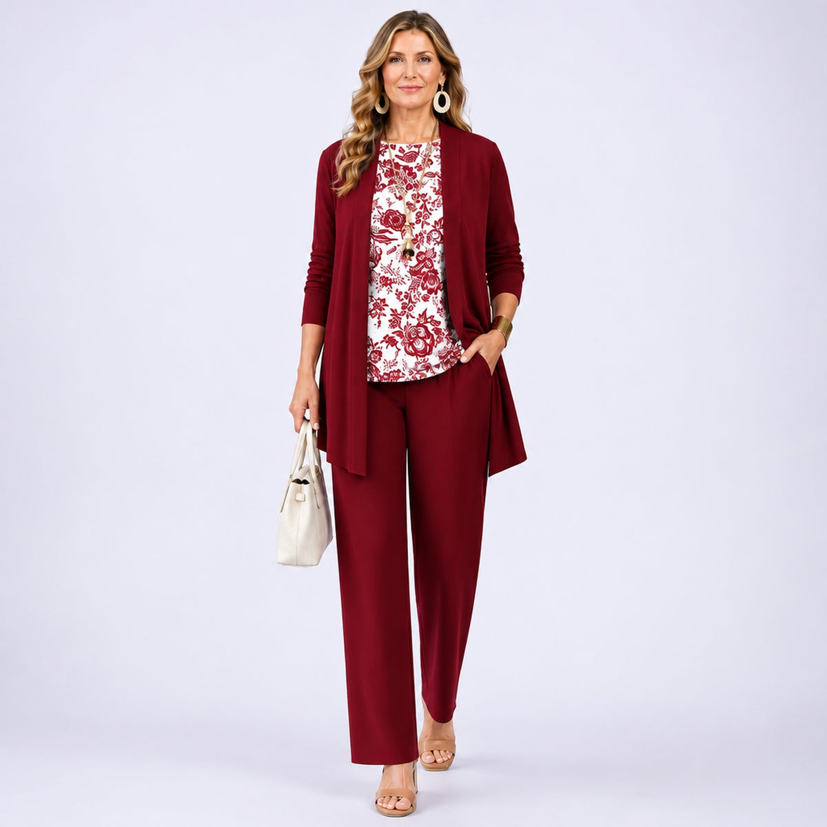 Ensemble 3 pièces femme imprimé coloris Blanc et Rouge - gilet ouvert, top et pantalon