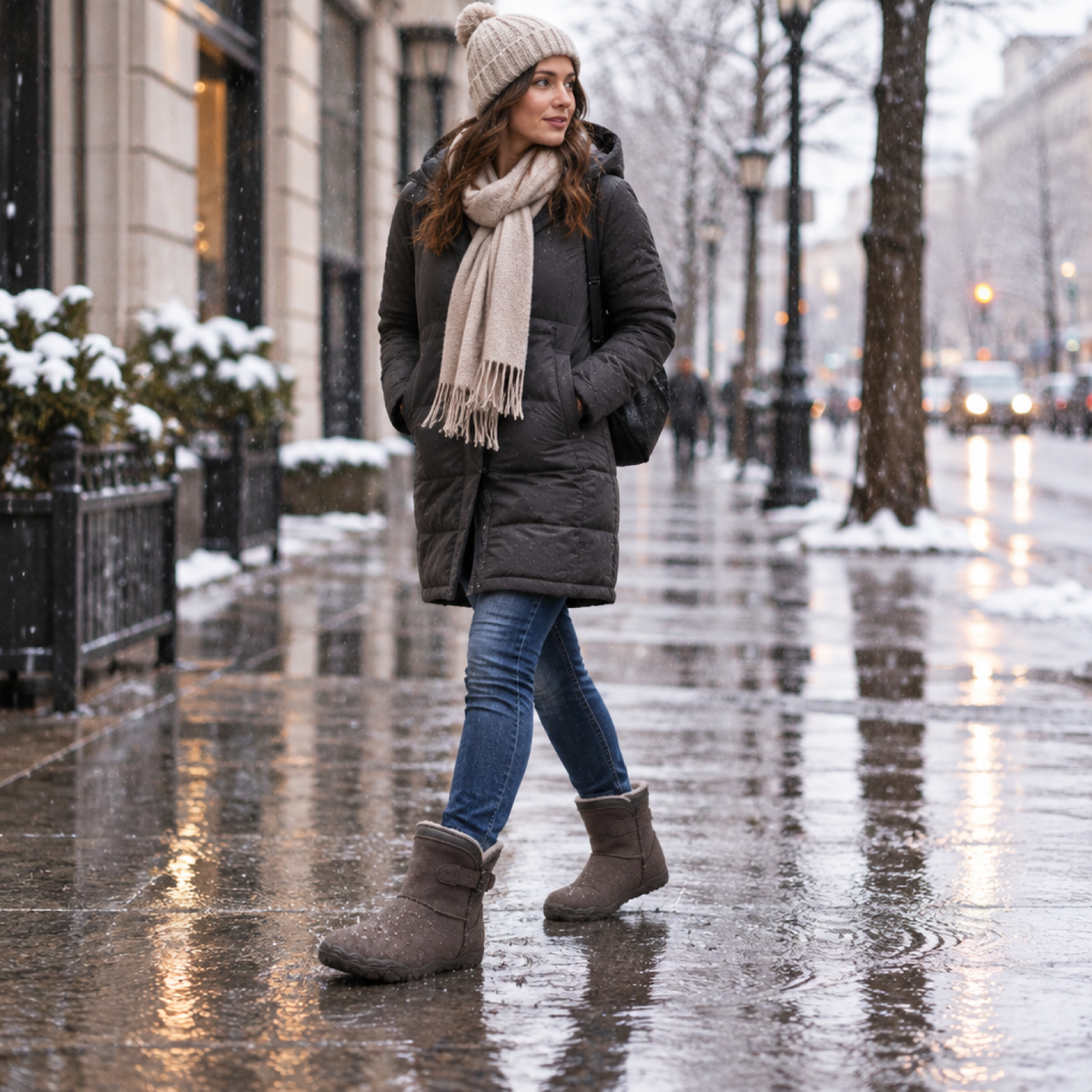 Bottines barefoot imperméables femme, coloris marron foncé, portées en extérieur sous la pluie