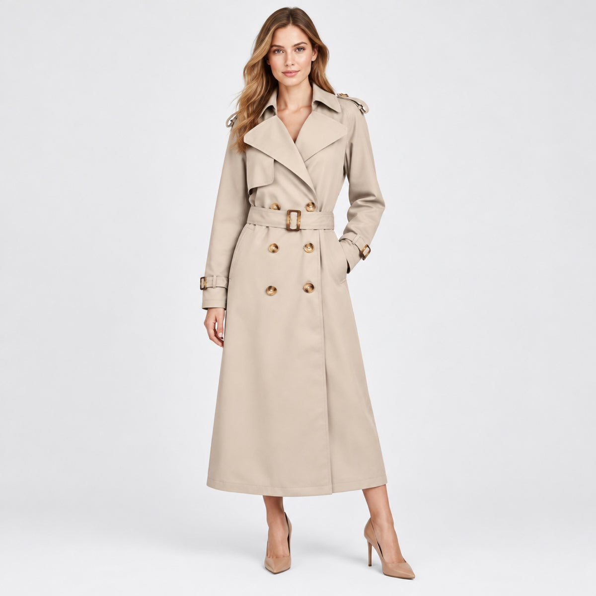 Mannequin portant le trench-coat marron clair à double boutonnage, pleine longueur