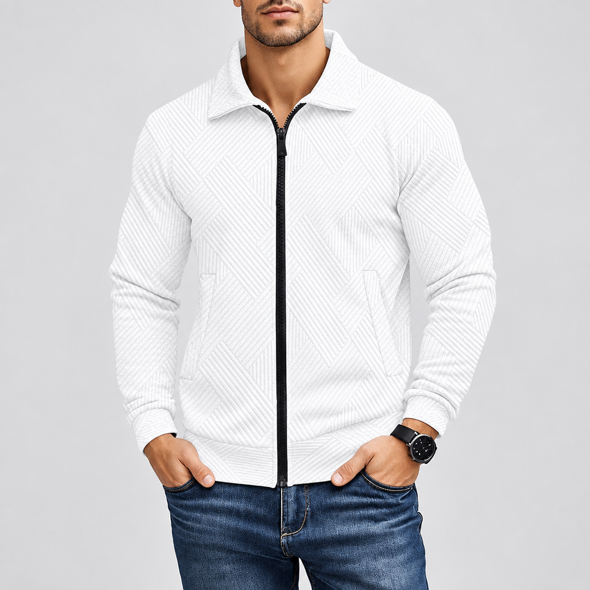 Gilet homme zippé blanc, vue studio
