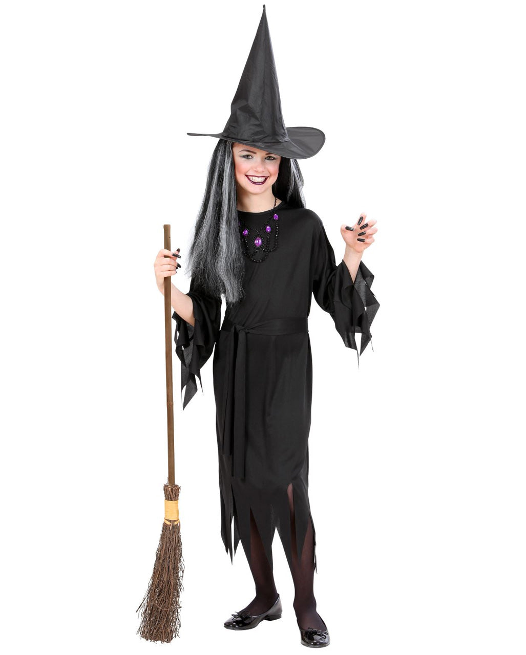 Costume enfant sorcière classique noir avec chapeau pointu et ceinture