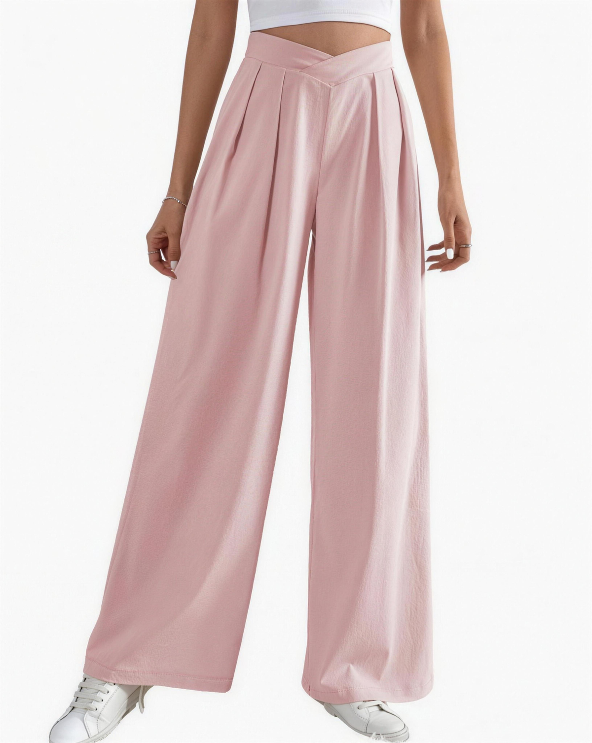 Pantalon femme taille haute à plis, coloris rose