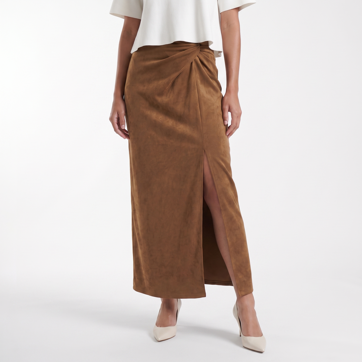 jupe taille haute camel, vue de face