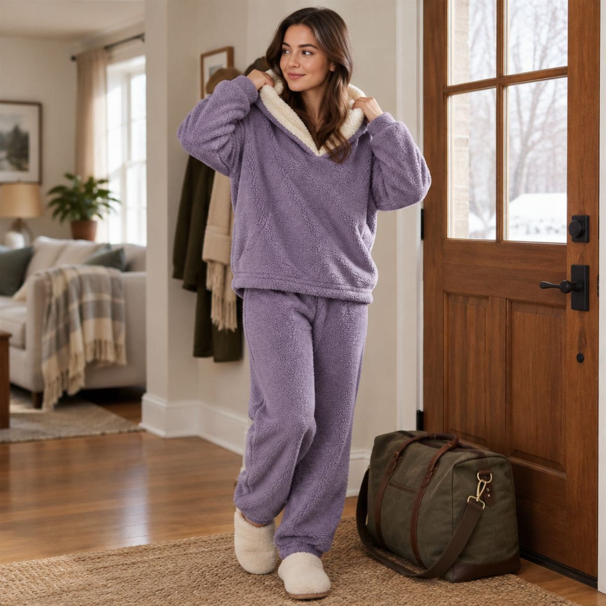 Femme portant l'ensemble polaire violet et chaussons, prête à partir en voyage avec un sac de week-end