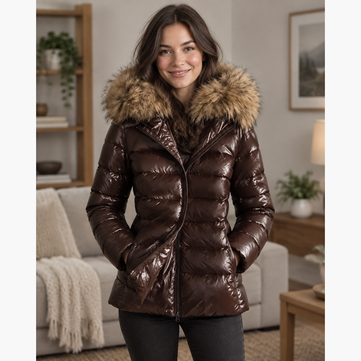 Femme souriante portant le manteau simili cuir marron chocolat à capuche fausse fourrure, photo lifestyle