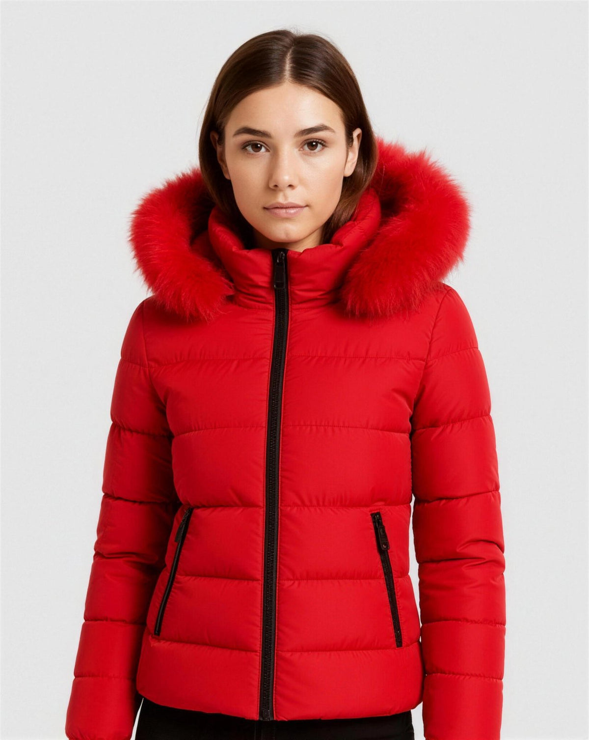 Doudoune Femme Capuche Fausse Fourrure - Rouge
