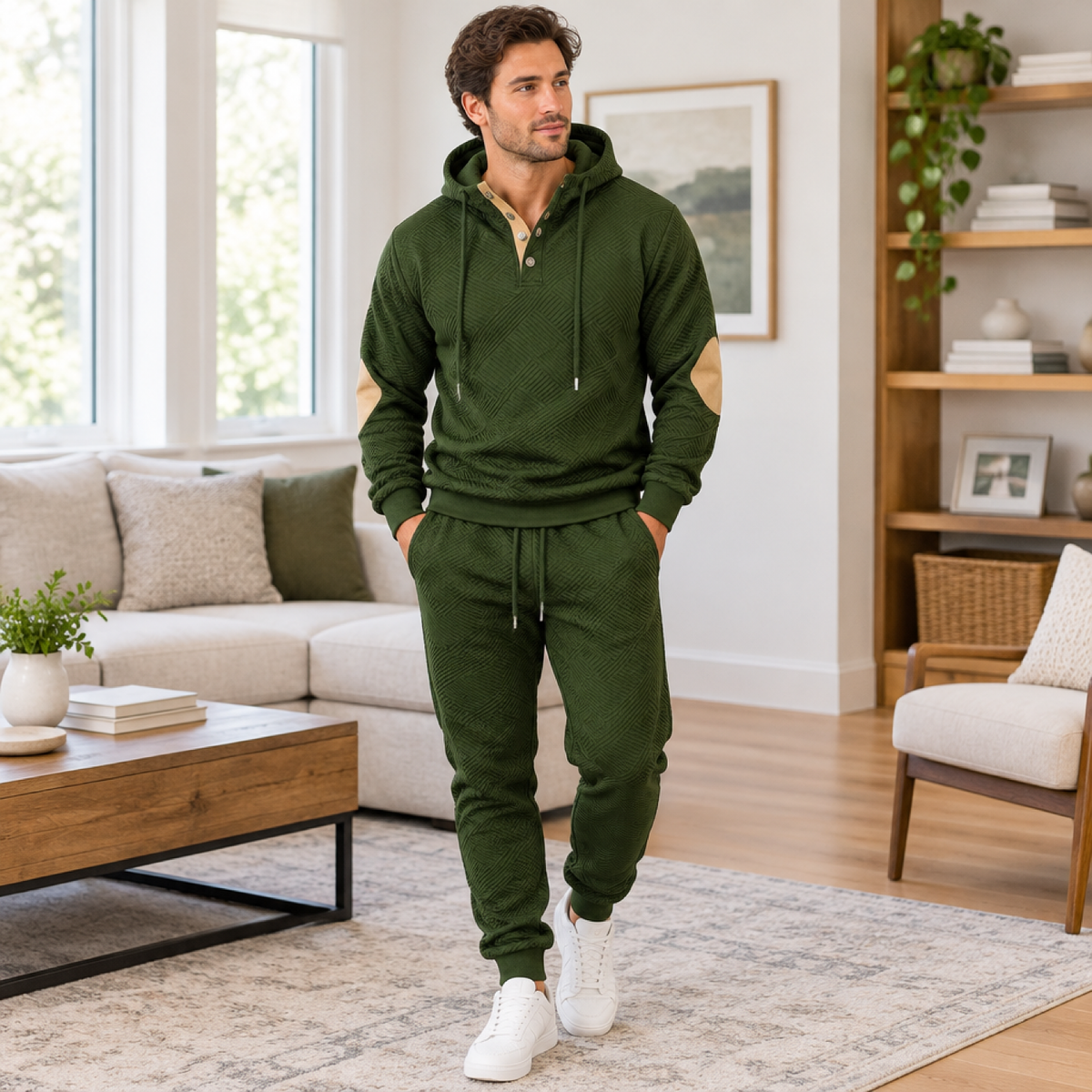 Homme portant l'ensemble jogging vert kaki hoodie et pantalon en intérieur