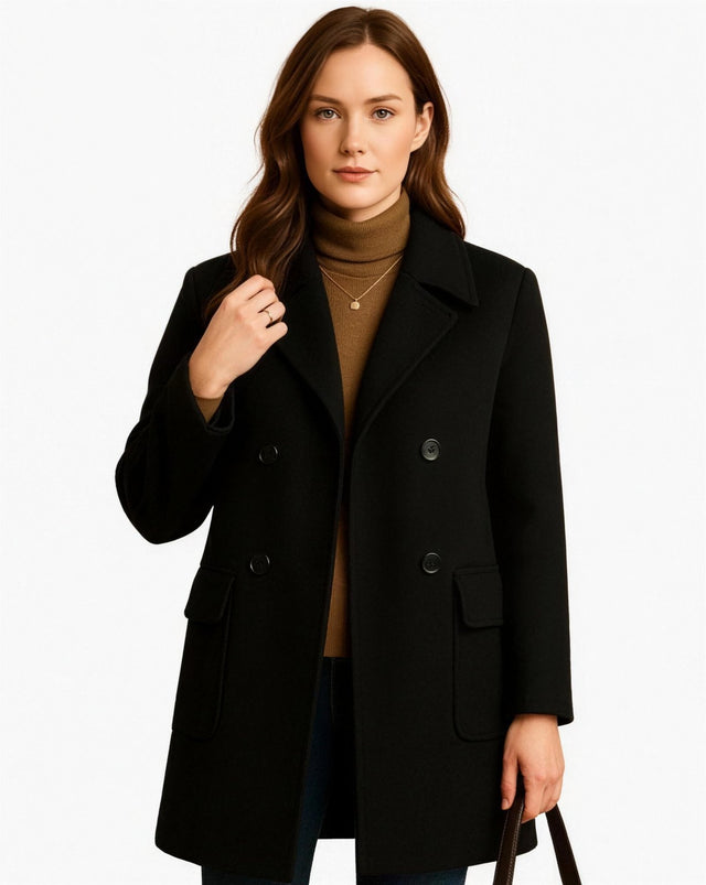 Manteau Femme Laine Mélangée Double Boutonnage, coloris Noir