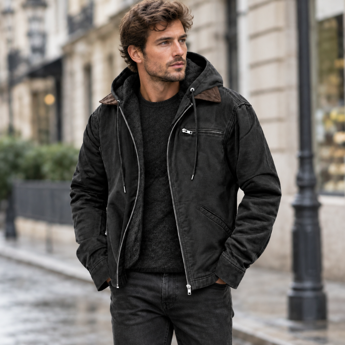 Veste imperméable à capuche noire portée en extérieur