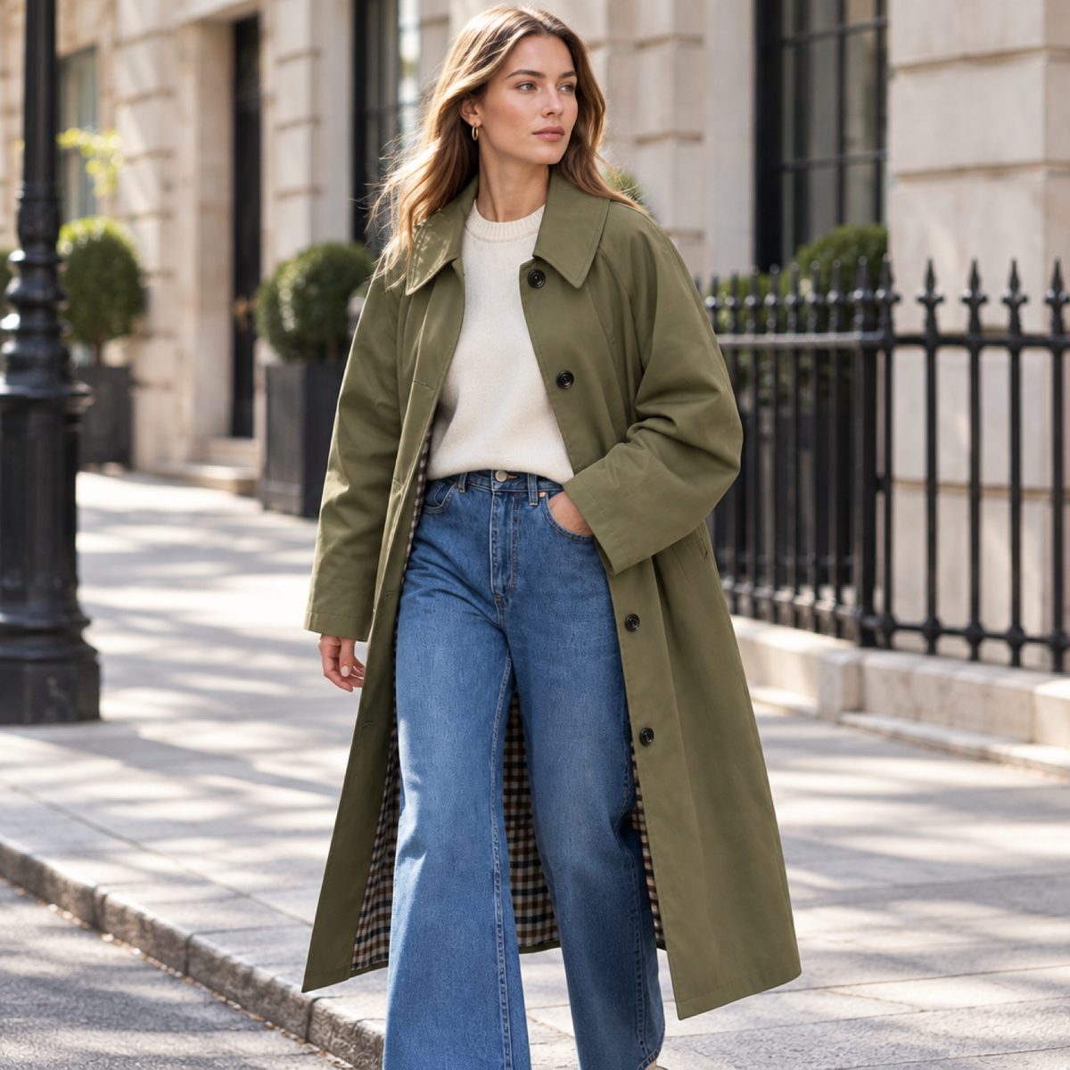 Manteau long oversize kaki porté par une mannequin en extérieur