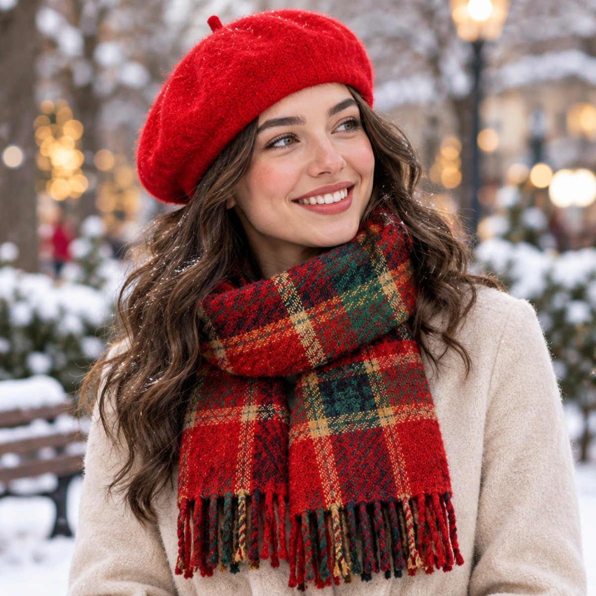 Femme souriante portant le béret rouge et l'écharpe à carreaux en extérieur dans un décor hivernal enneigé
