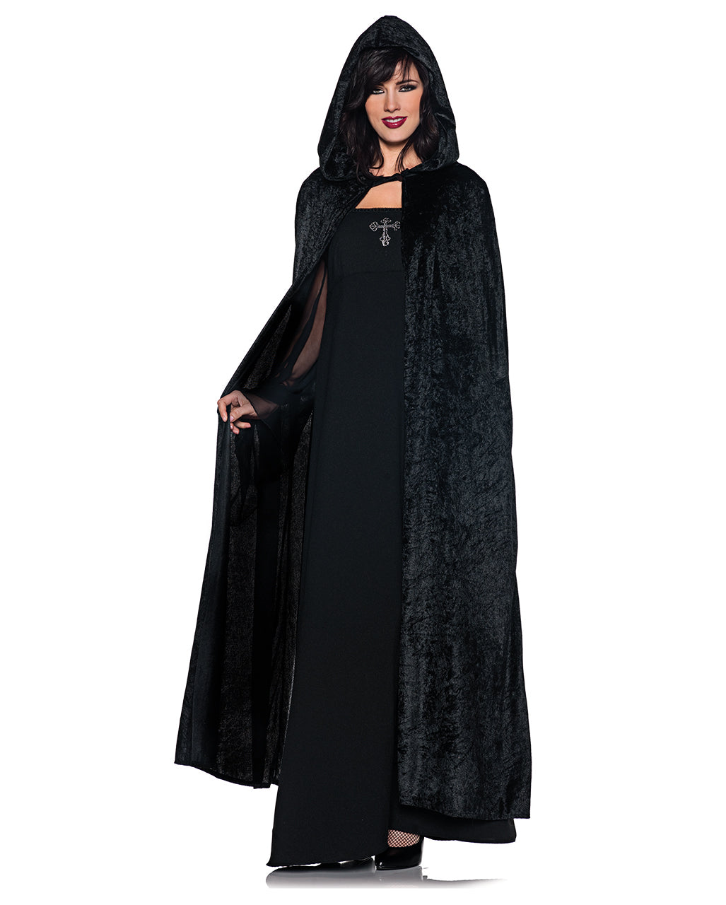 Cape longue noire à capuche en velours pour femme, look gothique Halloween