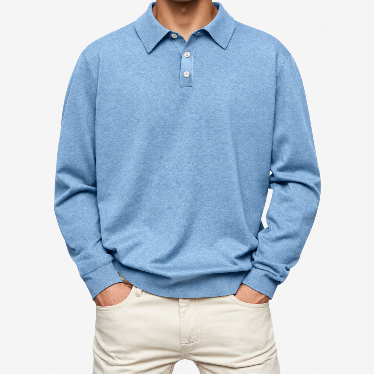 Polo homme manches longues avec col à motif contrasté et patte boutonnée, photo studio