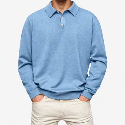 Polo homme manches longues avec col à motif contrasté et patte boutonnée, photo studio