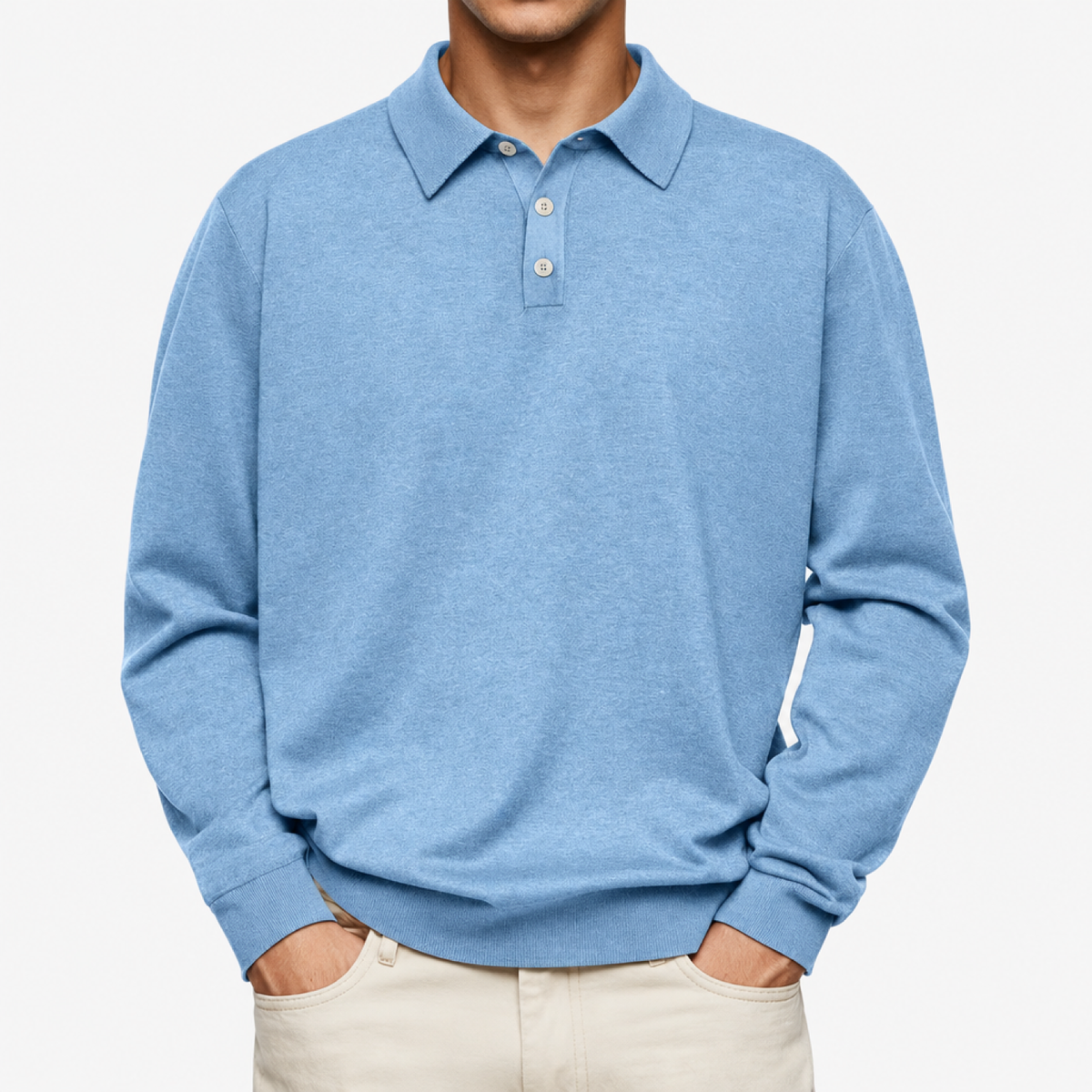 Polo homme bleu clair, manches longues, col motif