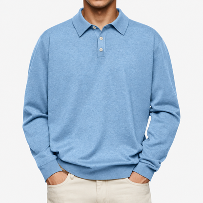 Polo homme bleu clair, manches longues, col motif