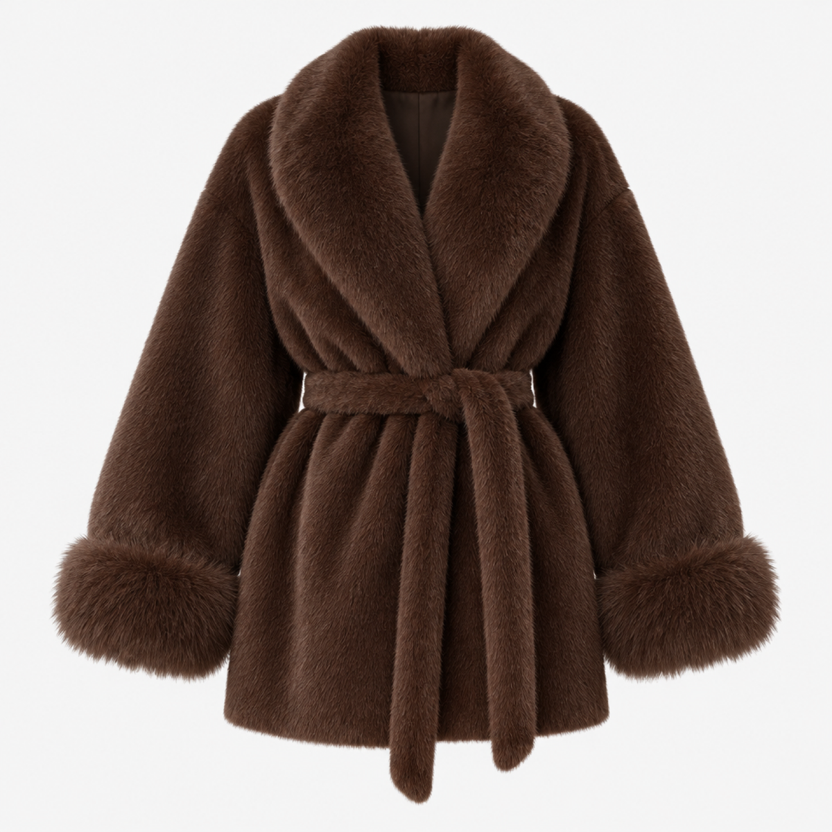 Manteau en fausse fourrure marron chocolat, coupe oversize, manches amples et ceinture à nouer, vue studio