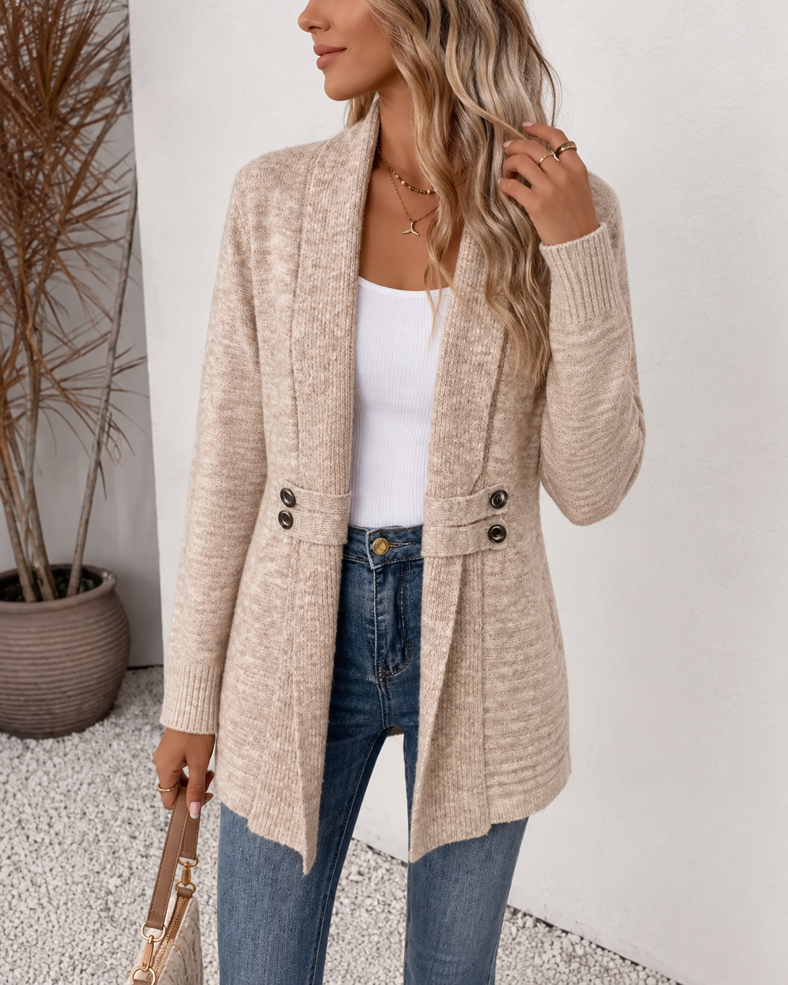 Gilet long en maille à col châle, coloris kaki