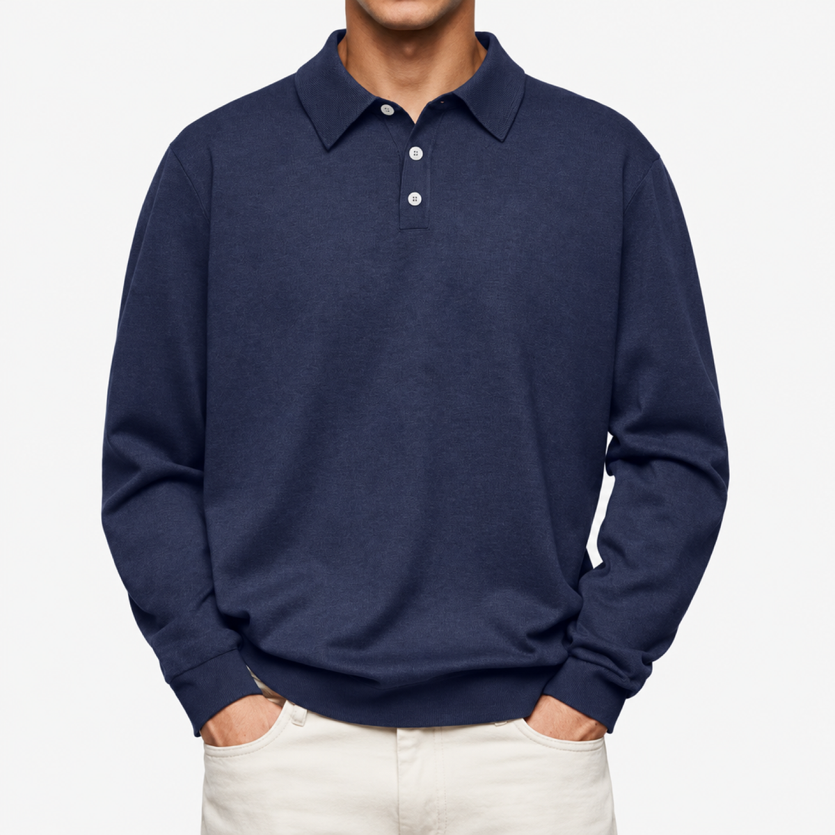 Polo homme bleu marine, manches longues, col motif