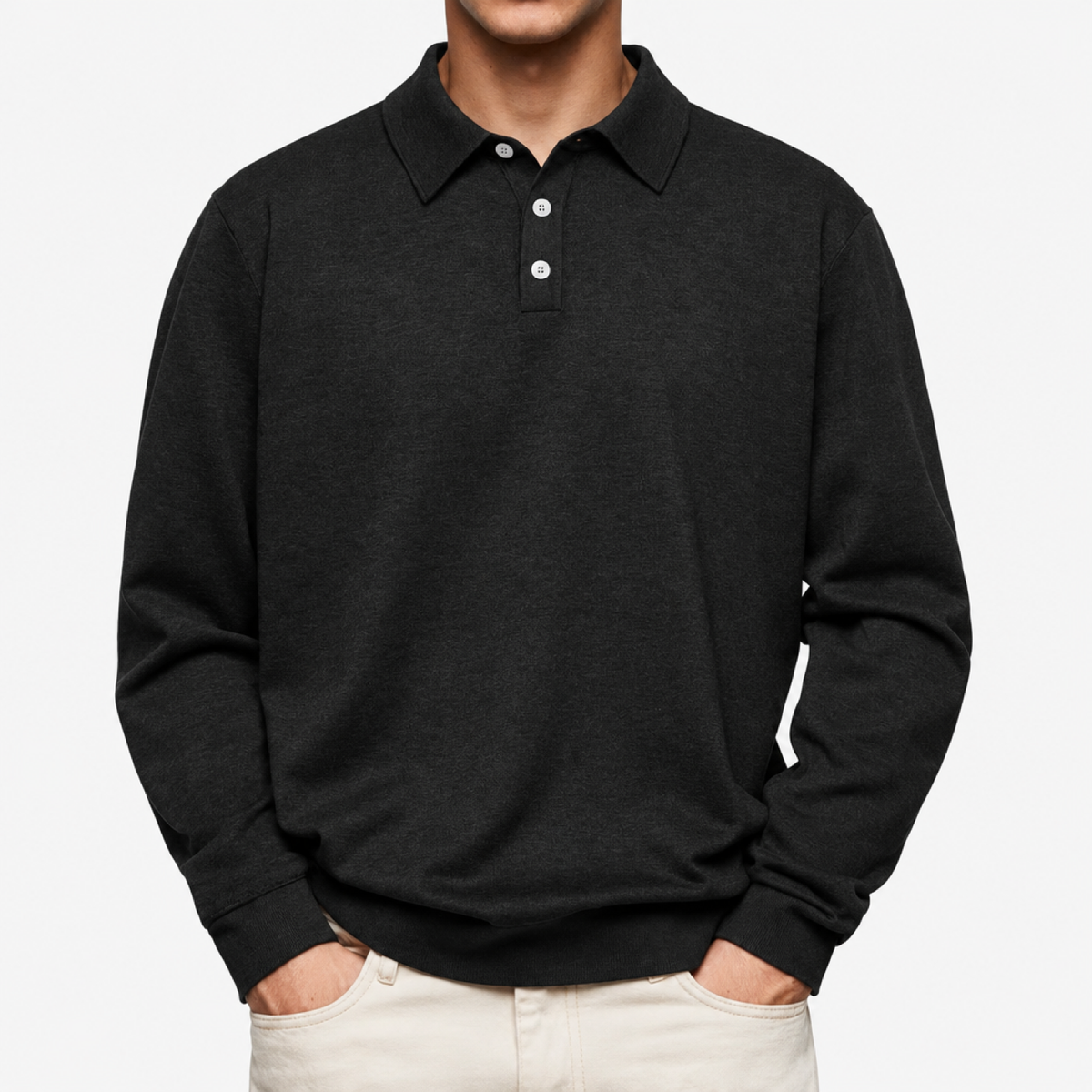 Polo homme noir, manches longues, col motif