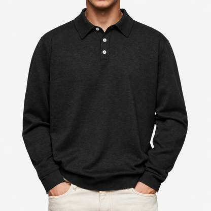 Polo homme noir, manches longues, col motif