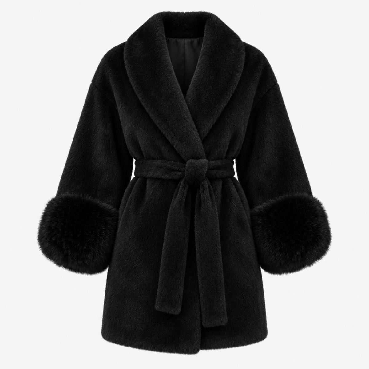 Manteau en fausse fourrure noir, coupe oversize, manches amples et ceinture à nouer, vue studio
