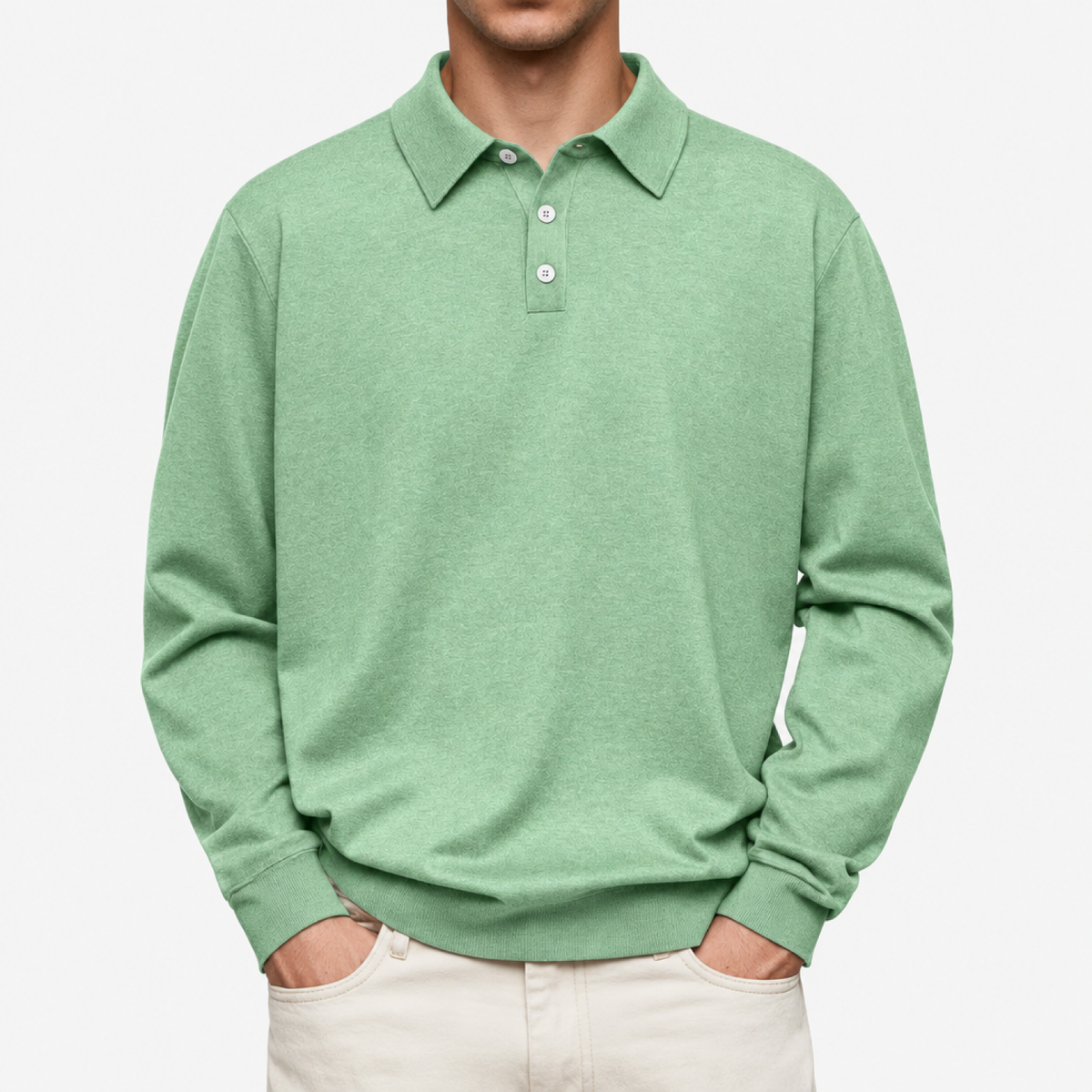 Polo homme vert clair, manches longues, col motif