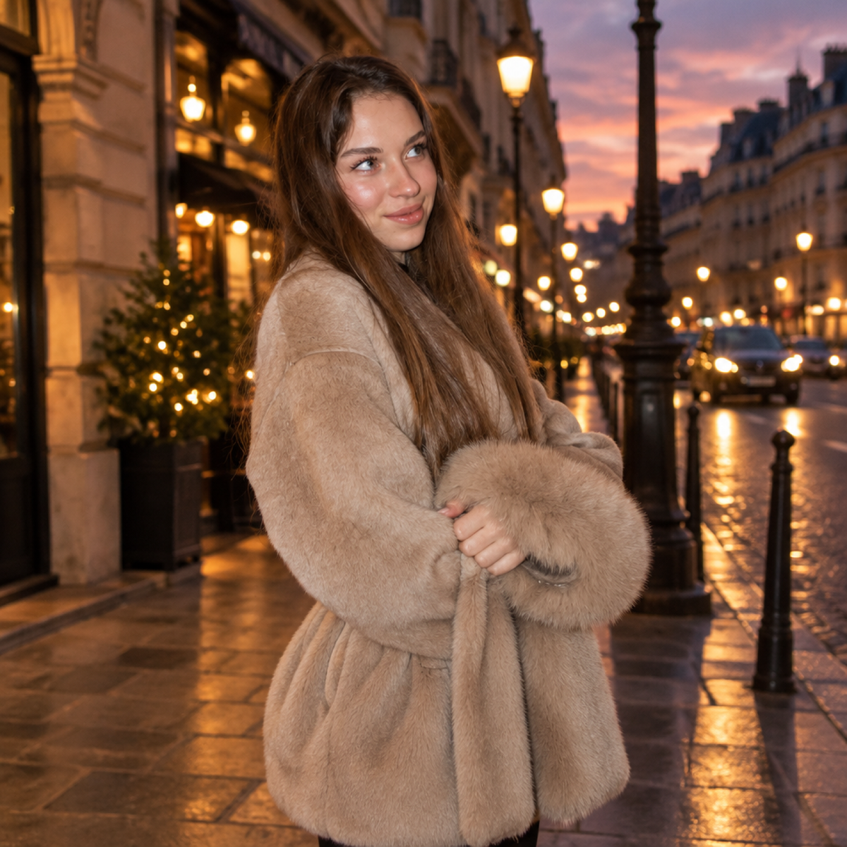 Mannequin portant le manteau en fausse fourrure beige dans une rue au crépuscule