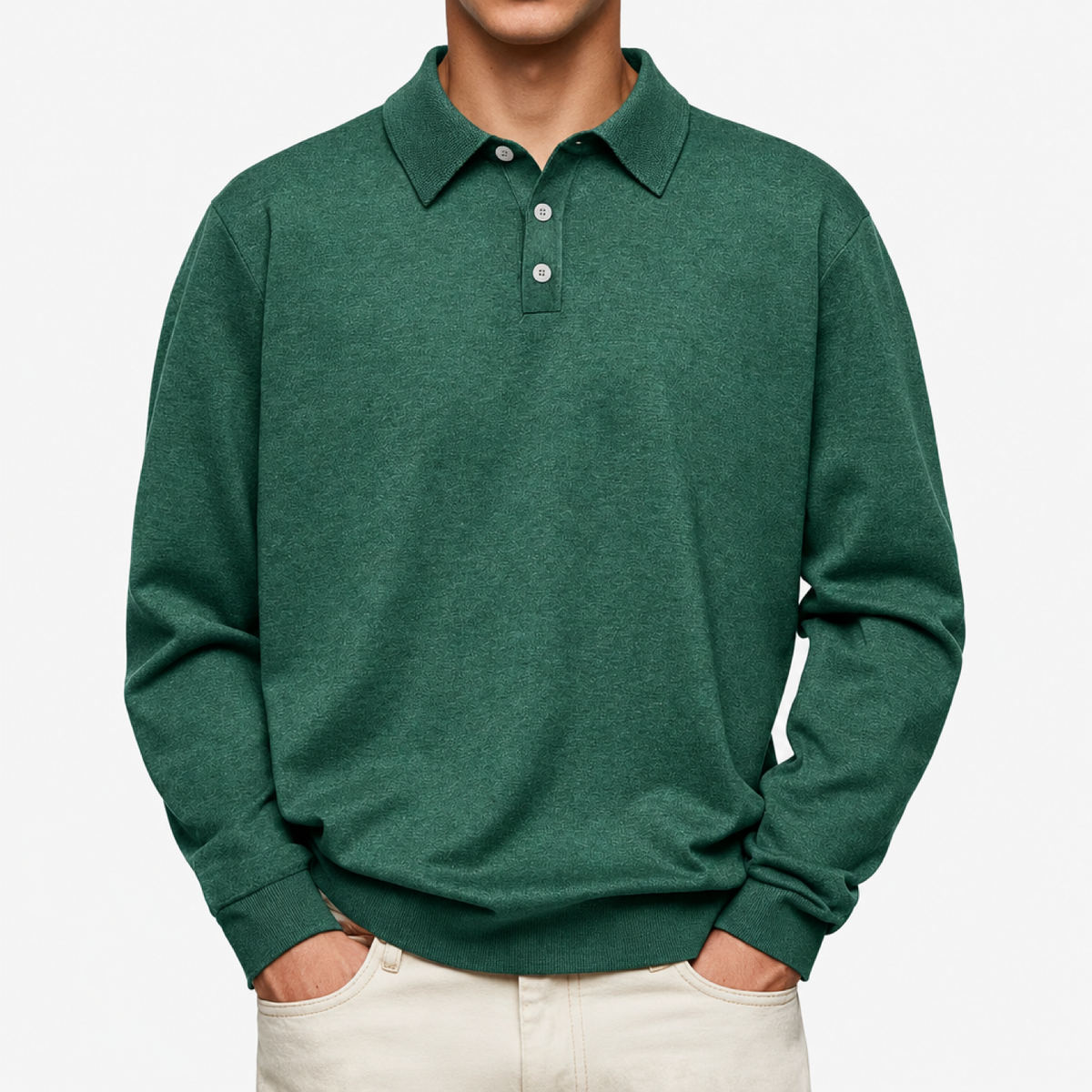 Polo homme vert foncé, manches longues, col motif