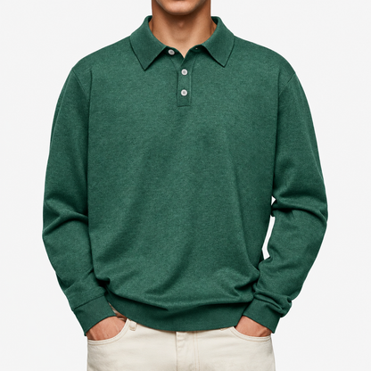 Polo homme vert foncé, manches longues, col motif