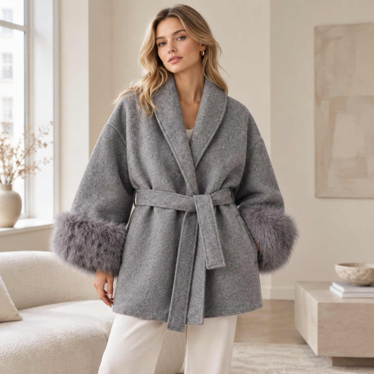 Mannequin portant le manteau en fausse fourrure gris dans un intérieur lumineux et épuré