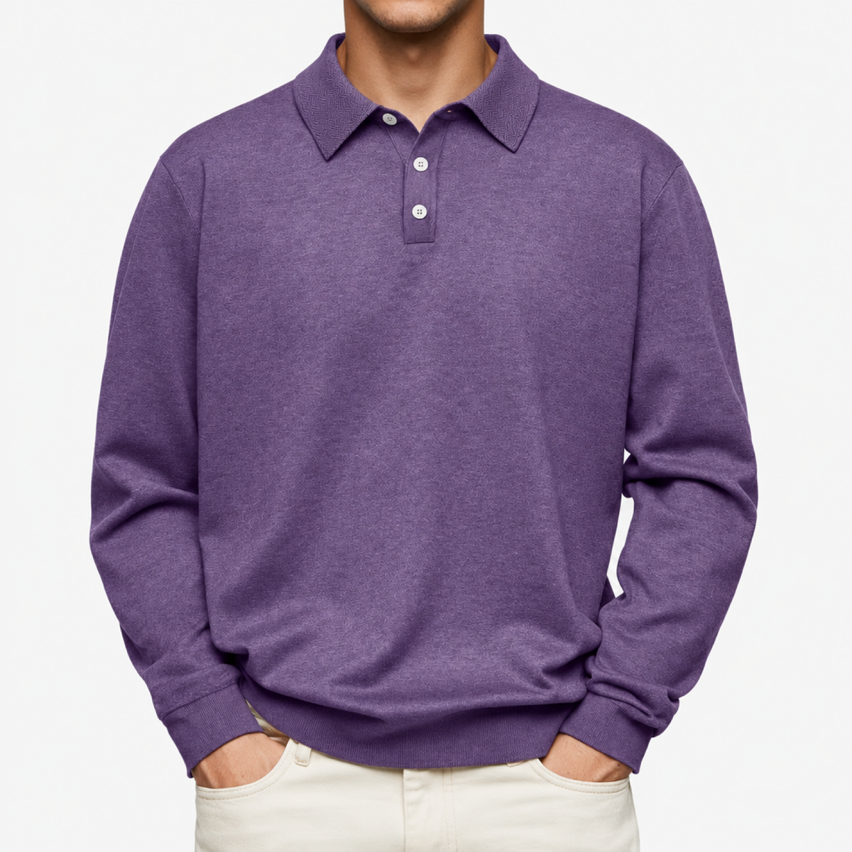 Polo homme violet, manches longues, col motif